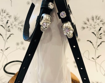 Black English Leather Spur Straps with Skull and matching crystal eyes