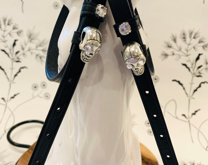 Black English Leather Spur Straps with Skull and matching crystal eyes