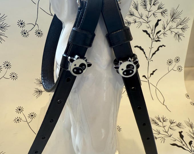 Black English Leather Spur Straps with Cow Charms
