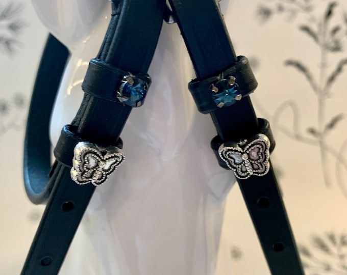 Black English Leather Spur Straps with  antique butterfly and crystal charms