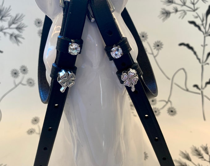 Black English leather spur straps with charms