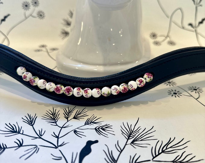Black English Leather Center Channel Browband with Floral Beads
