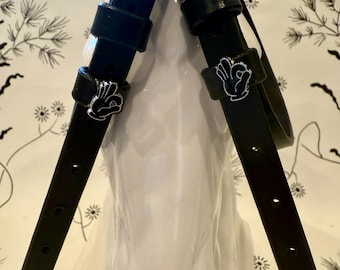 Black English leather Spur straps with OK gesture charms