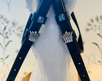 Black English Leather Spur Straps with Crowns and Crystals
