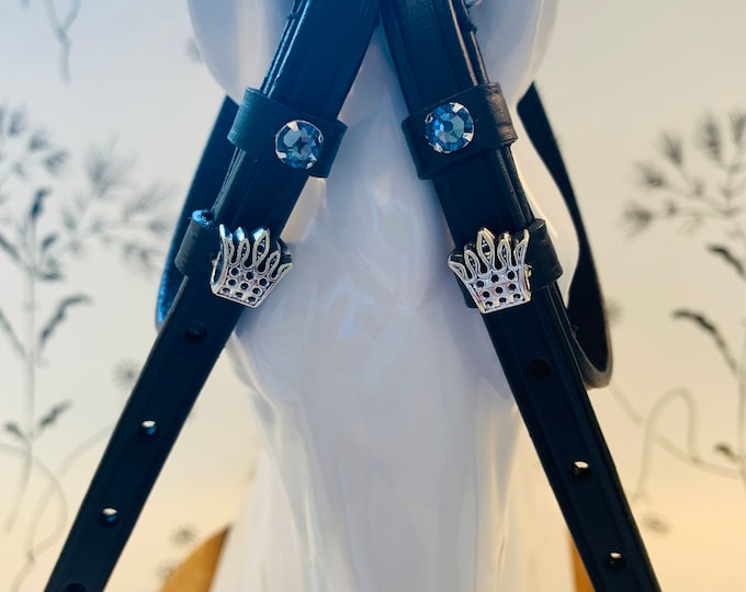 Black English Leather Spur Straps with Crowns and Crystals