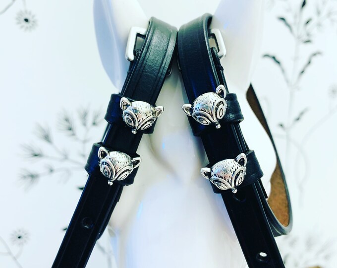 Black English Leather Spur Straps with Fox Charms