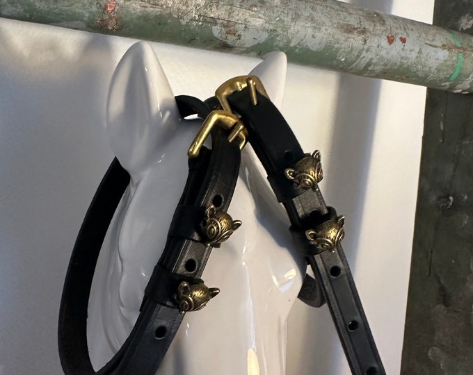 Black English Leather Spur Straps with Solid Brass Buckles and Fox Charms