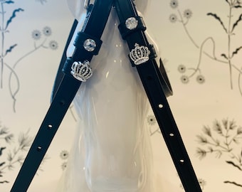 Black English Leather Spur Straps with Crowns and Crystals
