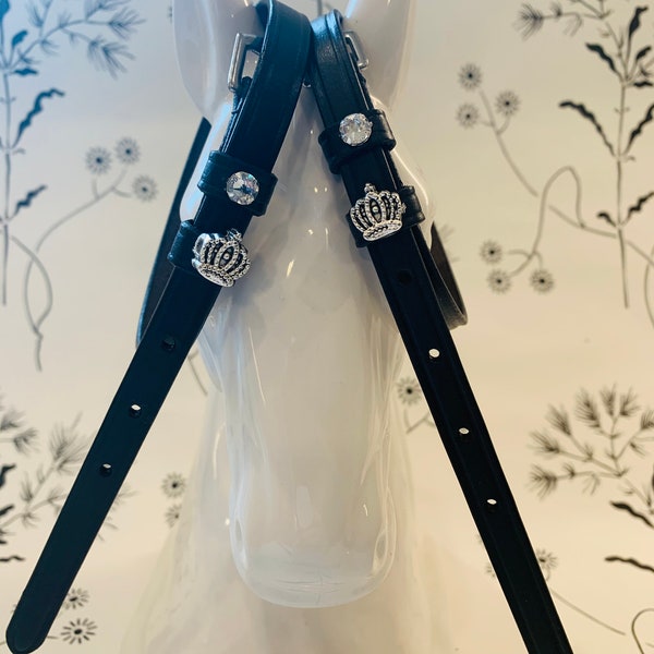 Black English Leather Spur Straps with Crowns and Crystals