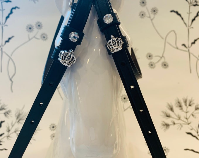 Black English Leather Spur Straps with Crowns and Crystals