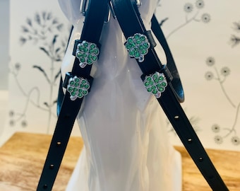 Black English Leather Spur Straps with Bling Green Clover Charms