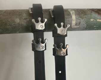 Black English Leather Spur Straps with Silver/Crystal Crown Charms