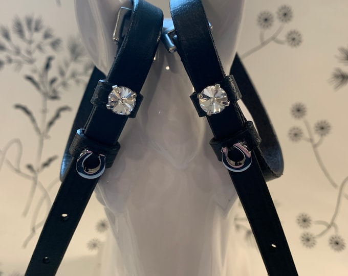 Black English leather horse shoe Swarovski spur straps