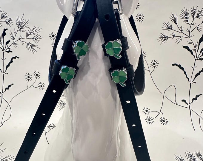 Black English Leather Spur Straps with Green Clover Charms