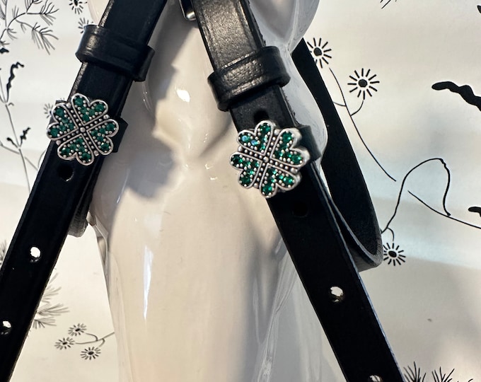 Black English Leather Spur Straps with Green Clover Crystal Charms
