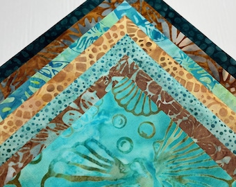 Batik Beach Day Fat Quarter Bundle of 7 Aqua, Turquoise Teal and Brown FQ