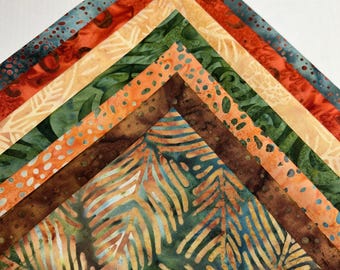 Batik Redwood Forest Fat Quarter Bundle: 7 Rust Green Tan Copper Cotton Batik FQ