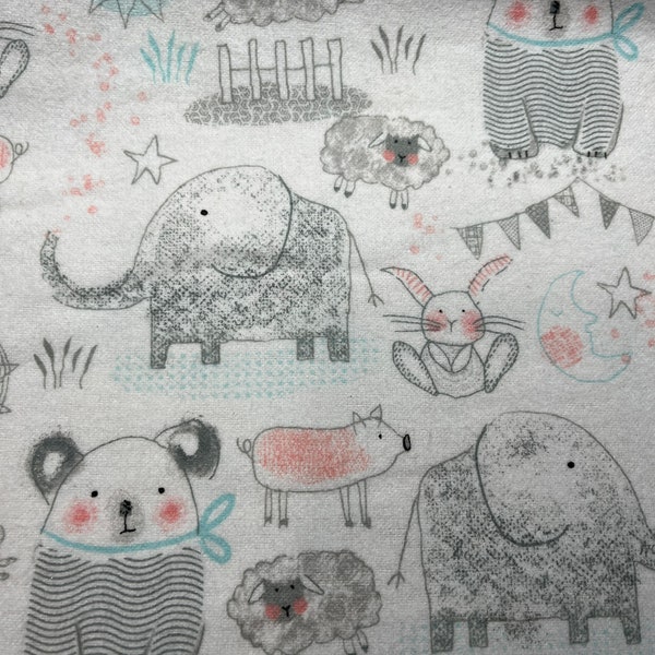 Elephant, bear, rabbit, sheep and pig nursery flannel fabric by Fabric Traditions BTY or BTHY