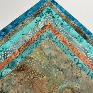Batik Teal and Brown Fat Quarter Bundle of 7 blue green and brown FQ