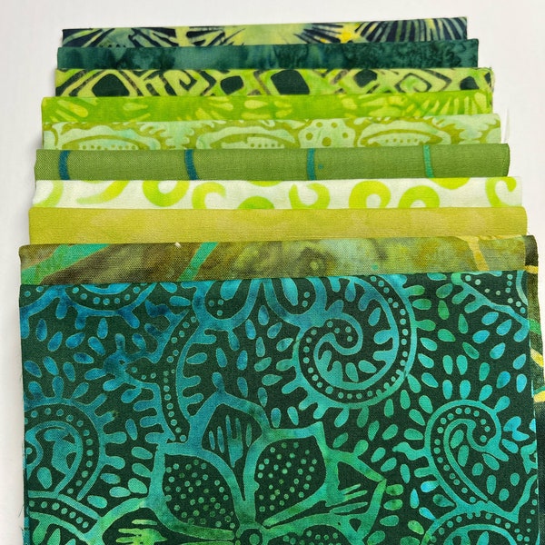 Batik Green Bundle of 10 Fat Eighths (9" x 21") F8