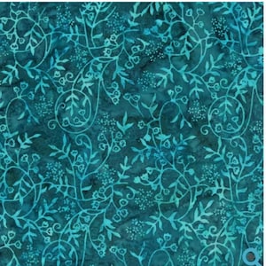 May include: Teal fabric with a repeating floral pattern. The design features swirling vines, leaves, and small flower clusters in a lighter shade of teal against a darker teal background. The fabric has a batik-like appearance.