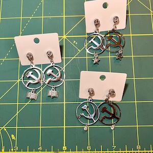 Drop hammer & sickle earrings with rhinestone stud and charms, silver