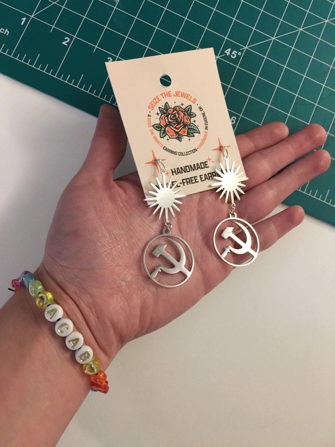 Dangle Earrings With a Circle Hammer & Sickle Pendant, Communist Leftist Jewelry Gifts for