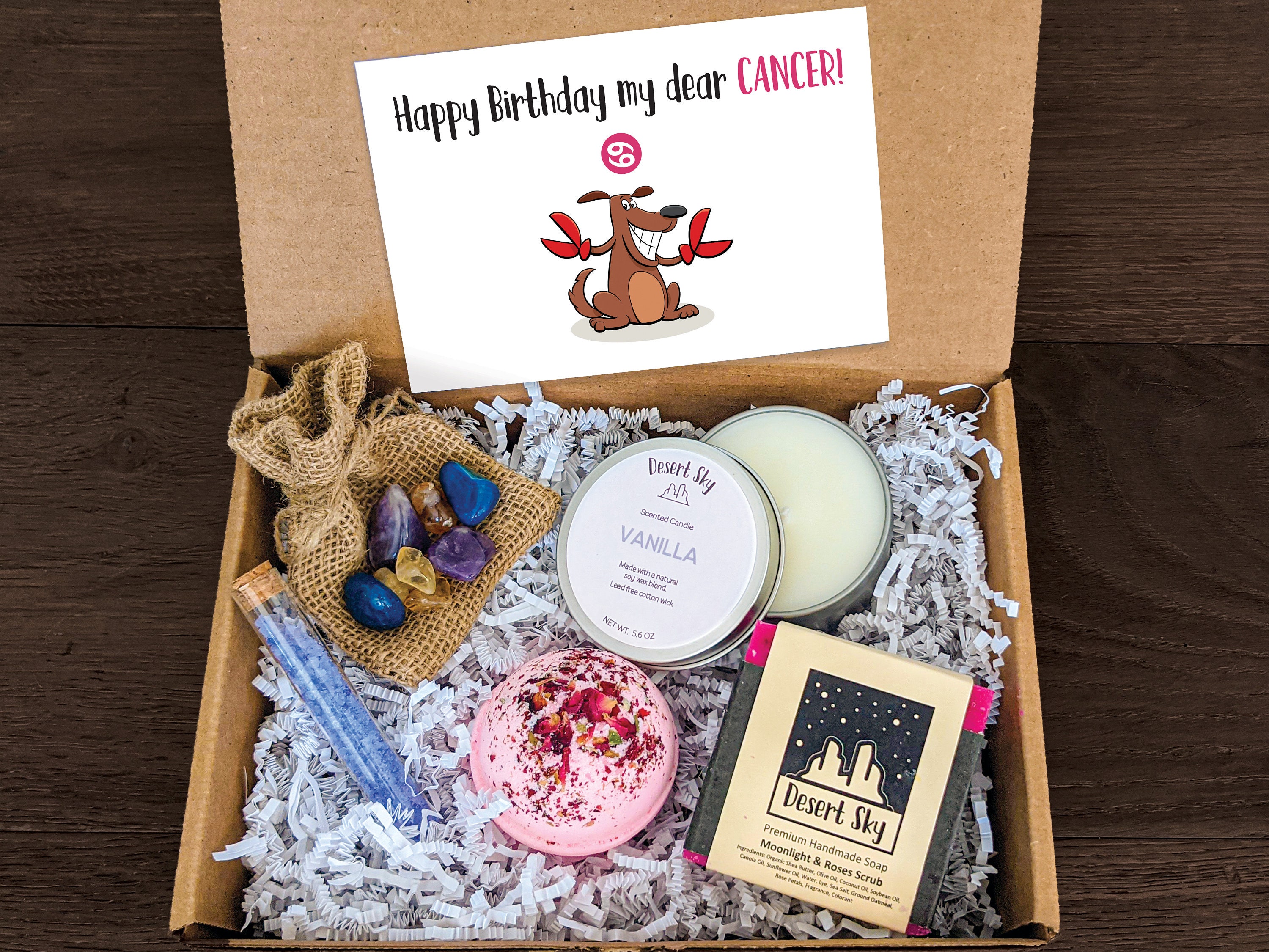 HAPPY BIRTHDAY CANCER. Zodiac Gift Box. Healing Stones and Candle Spa