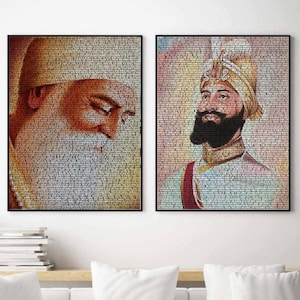 2 PC Sikh Gurus photo of Guru Gobind Singh Ji with chaupai sahib & Guru Nanak Dev Ji with japji sahib, DIGITAL DOWNLOAD Décor, punjabi art