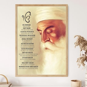 Guru Nanak dev ji Picture & Sikh Mool Mantar In English, Punjabi Sikh Quotes Prints, Printable Punjabi Posters, Ik Onkar Prayer Poster Print