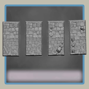 May include: Four gray, square, textured tiles with different debris on each. The tiles are made of a rough, stone-like material and have a slightly raised texture. The debris on the tiles includes a broken sword, a broken bottle, a broken pot, and a broken skull.