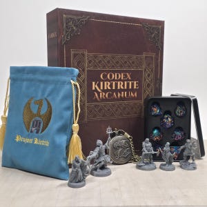 May include: A dark brown box labeled CODEX KIRTRITE ARCANUM, a blue velvet drawstring bag with a gold dragon emblem, a metal pocket watch, four grey miniature figures, and a black tin containing seven multi-colored polyhedral dice.