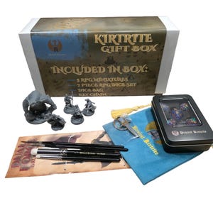May include: A Kirttrite gift box with miniatures, dice, a dice bag, and a keychain. The box includes 5 RPG miniatures, a 7-piece RPG dice set, a dice bag, and a key chain. The box is white and brown.