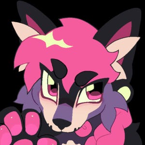 May include: A digital illustration of a stylized anthropomorphic wolf character with vibrant pink hair, dark purple fur, and large expressive eyes. The character has prominent black markings around the eyes and nose, with bright pink paw pads visible.