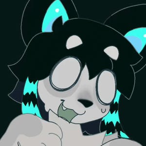 May include: A digital illustration of a cartoon character with a black and white color scheme. The character has large, oval eyes, a smiling mouth with a green tongue, and teal accents on its ears and hair. The background is a solid dark green.