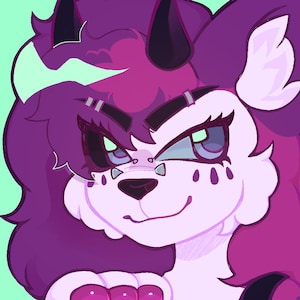 May include: A digital illustration of a purple and white anthropomorphic creature with dark horns, thick eyebrows, and light blue eyes. The character has a fluffy mane, a small black nose, and visible fangs, set against a light green background.