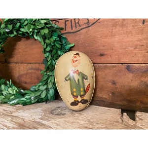 Vintage Decorative Metal Egg | Clown and Squirrel w/ Spring Hands Decorative Egg | Primitives | Vintage Toys and Games | Tin Toys
