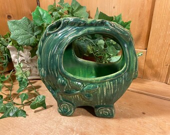 Vintage Green Pottery Majolica Planter | Green Pottery Leaves Basket | Midcentury Modern Table Decor | Forestcore Decor |  MCM Decor