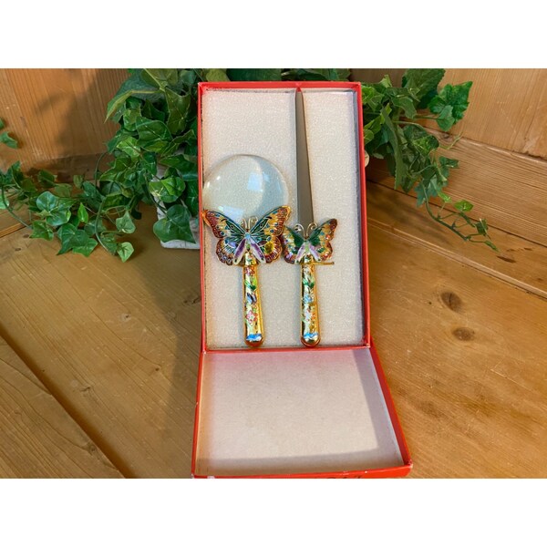 Vintage Cloissone Butterfly Desk Set | Enamel Letter Opener + Magnifying Glass | Cottagecore | Set of Two In Box | Home Office | Butterflies