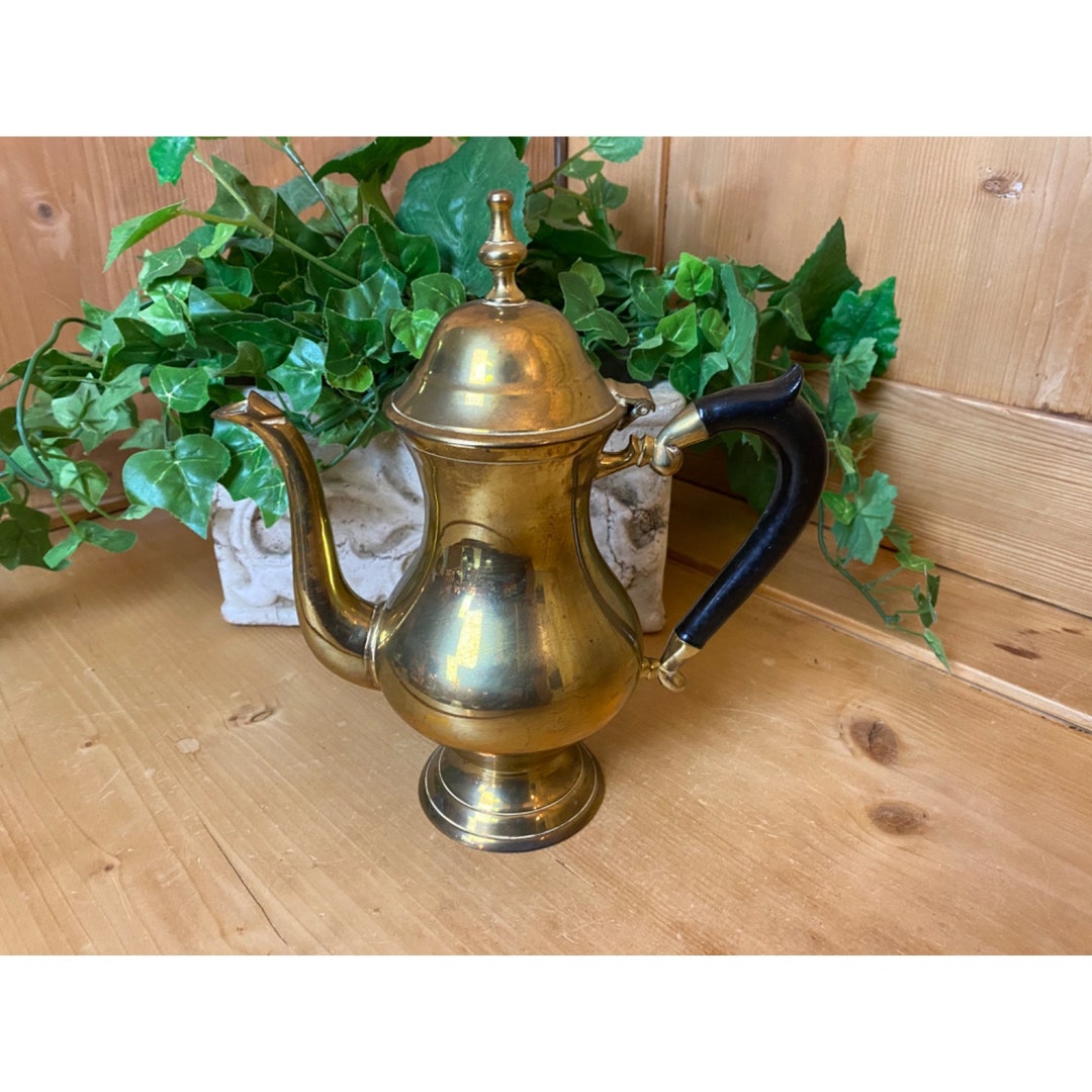 Single Serving Vintage Brass Coffee Pot With Black Handle Antique Tea