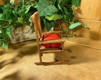 Vintage Wooden Doll Rocking Chair with Red Cushion | Miniature Wood Rocking Chair | Wood Chair with Cushion Seat | Doll Furniture | Toys