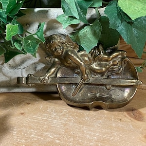 Vintage Solid Brass Angel with Cello Trinket Dish | Musical Brass Cherub Trinket Dish | Musical Angel | Shabby Chic Table Decor | Angels