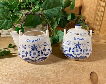 Vintage White + Blue Floral Sugar and Creamer Set | Teapot Shaped Sugar Bowl and Cream Pitcher | Blue/White Delft Style | Cottagecore Decor