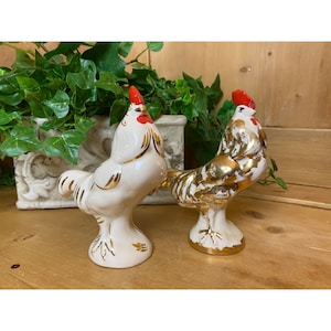 Gold + Cream Ceramic Chicken Figurines  | Set of 2 Rooster Hen Painted Figures | Farmhouse Shelf Decor | GIft For Chicken Lovers