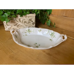 White + Green Floral China Serving Dish | Schwarzburg | Vintage Scalloped Bowl With Two Handles | Cottagecore