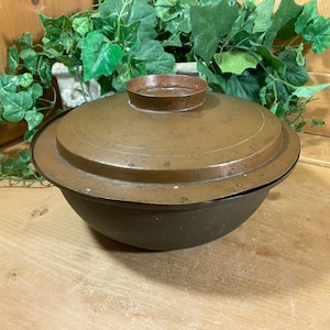 May include: A vintage copper cooking pot with a lid. The pot has a dark brown base and a copper-colored lid with a small handle. The pot is sitting on a wooden surface with green foliage in the background.