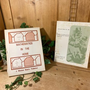 May include: Two vintage books are displayed on a wooden surface. The book on the left is titled "MATHEMATICS IN THE HOME" with a house graphic. The book on the right has a green illustration and text. Green foliage is in the background.