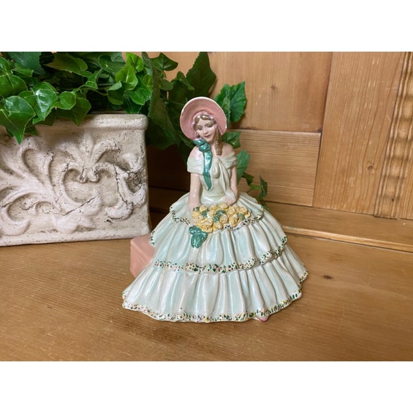 Vintage Cottagecore Maiden Figurine | Plaster Mint Green and Pink Figurine | Cottagecore | Bo Peep | Little Miss Muffet
