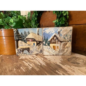 Vintage Cabin in the Snow Molded Cement Tile Wall Art - Set of 2 | Molded Cement Art Tile | Vintage Wall Decor | Vintage Wall Tile