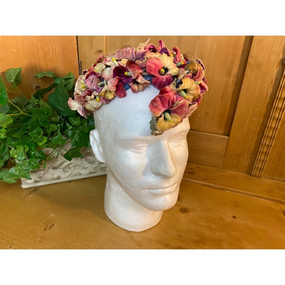 Vintage Pink and Yellow Floral Hat with Blue Form… - image 1